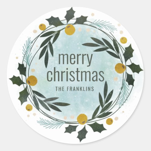 Green Blue Yellow Winter Greenery Merry Christmas  Classic Round Sticker