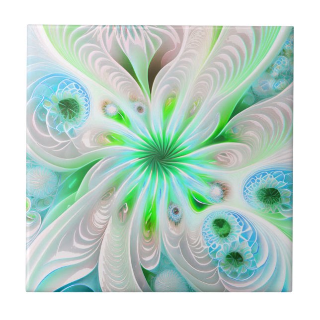 Green + Blues Abstract Fractal Flower Ceramic Tile (Front)