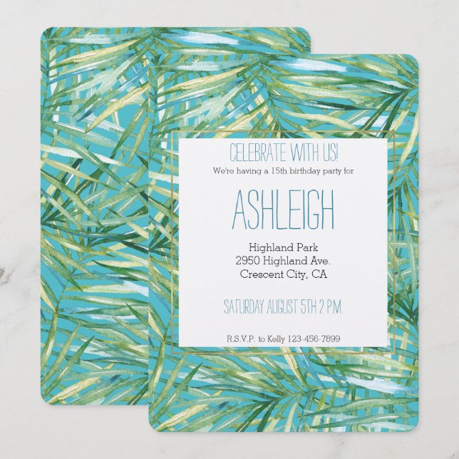 Green BlueTropical Watercolor Leaves Birthday Invitation (Front/Back)