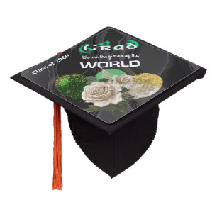 Green Blurred Text White English Roses & Balloons Graduation Cap Topper