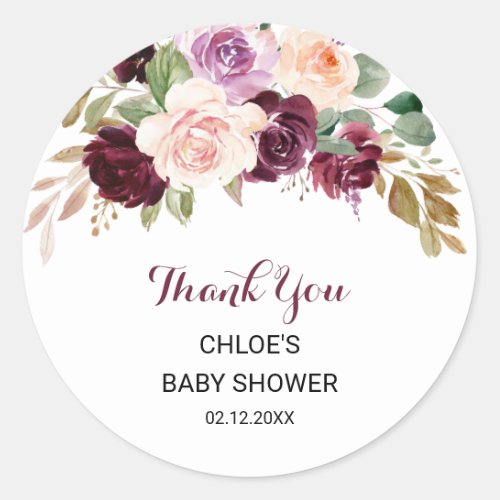 Green Blush Burgundy Floral Baby Shower Thank you Classic Round Sticker