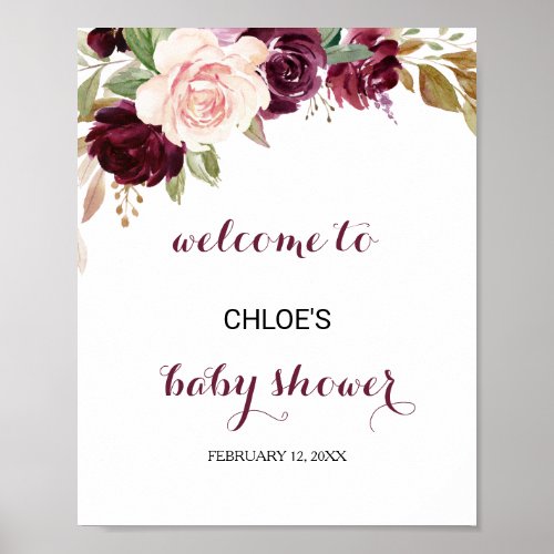 Green Blush Burgundy Floral Baby Shower Welcome Poster