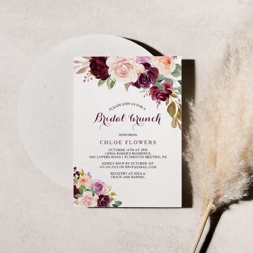 Green Blush Burgundy Floral Bridal Brunch Invitation