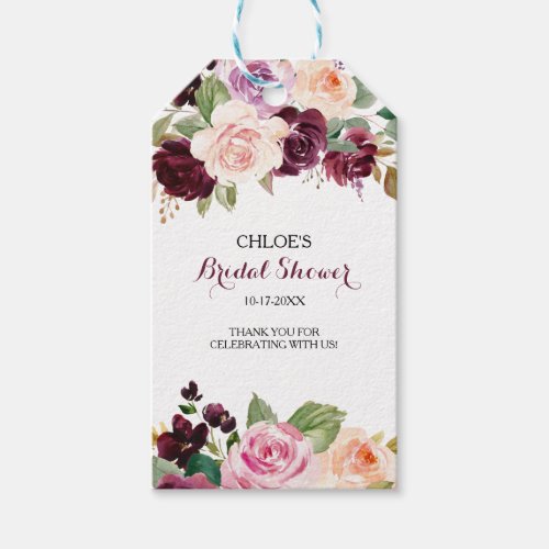 Green Blush Burgundy Floral Bridal Shower Gift Tags