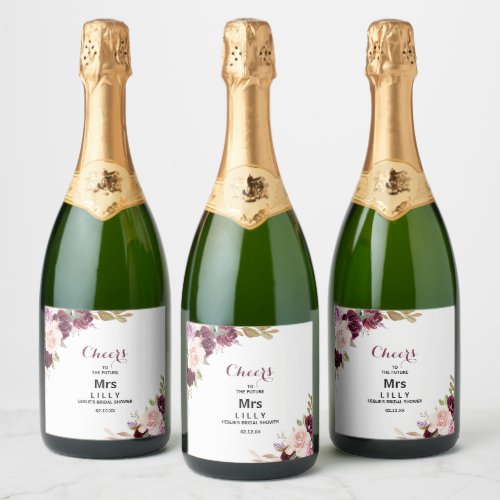 Green Blush Burgundy Floral Bridal Shower Sparkling Wine Label
