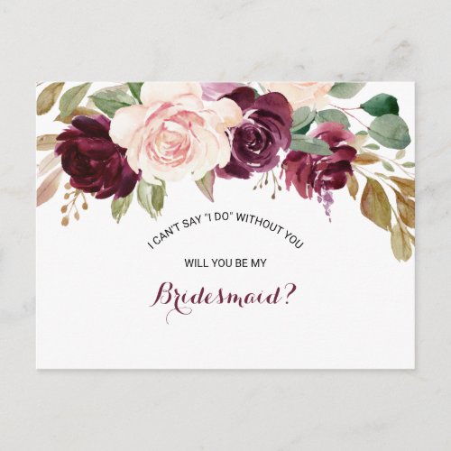 Green Blush Burgundy Floral Bridesmaid Invitation Postcard