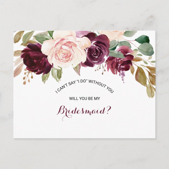 Green Blush Burgundy Floral Bridesmaid Invitation Postcard (Front)