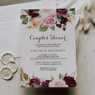 Green Blush Burgundy Floral Couples Shower Invitation