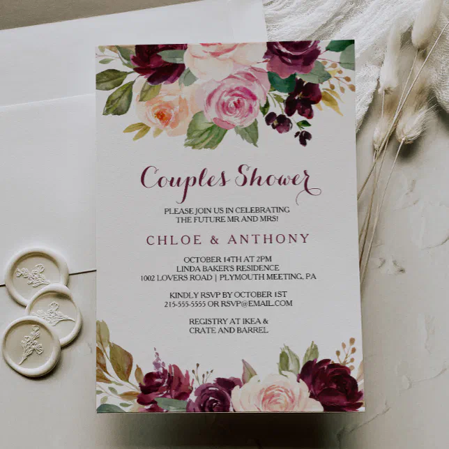 Green Blush Burgundy Floral Couples Shower Invitation | Zazzle