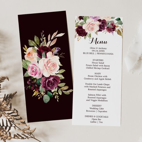 Green Blush Burgundy Floral Dinner Menu Card