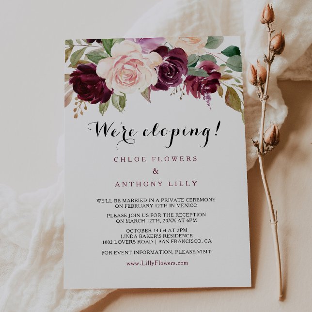 Green Blush Burgundy Floral Elopement Reception Invitation (Creator Uploaded)