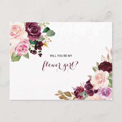 Green Blush Burgundy Floral Flower Girl Invitation Postcard