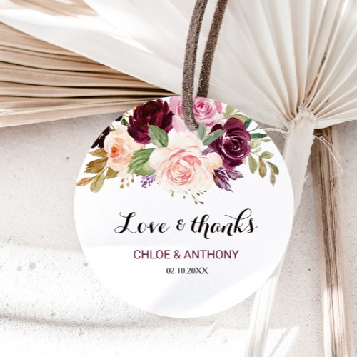 Green Blush Burgundy Floral Love  Thanks Wedding Classic Round Sticker