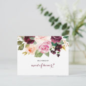 Green Blush Burgundy Floral Maid of Honor Invitation Postcard (Standing Front)
