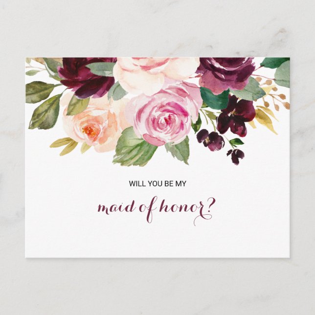 Green Blush Burgundy Floral Maid of Honor Invitation Postcard (Front)