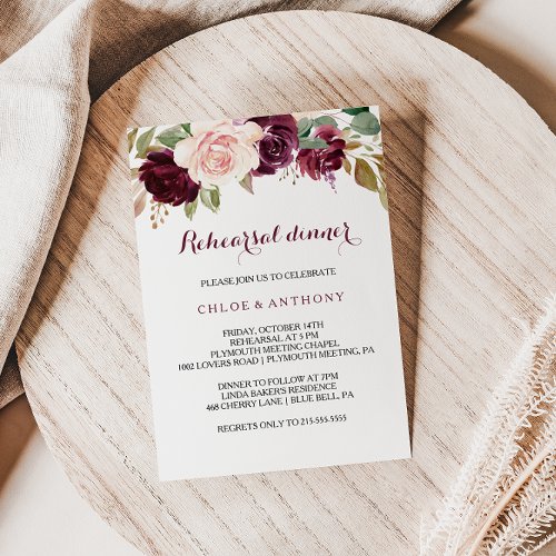 Green Blush Burgundy Floral Rehearsal Dinner Invitation