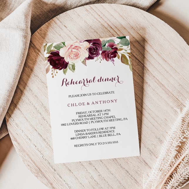 Green Blush Burgundy Floral Rehearsal Dinner Invitation (Creator Uploaded)