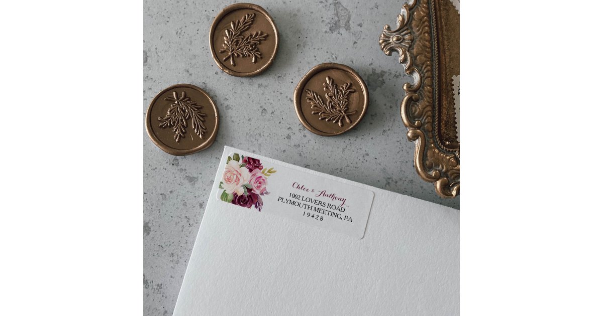Green Blush Burgundy Floral Return Address Label | Zazzle
