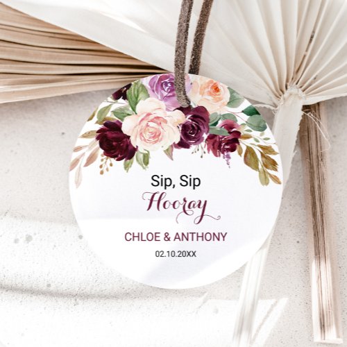 Green Blush Burgundy Floral Sip Sip Hooray Wedding Classic Round Sticker