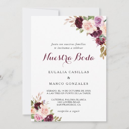 Green Blush Burgundy Floral Spanish Wedding Invitation | Zazzle