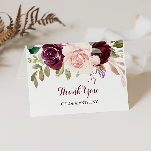 Green Blush Burgundy Floral Thank You Card