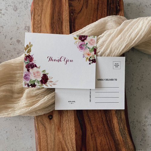 Green Blush Burgundy Floral Thank You Postcard