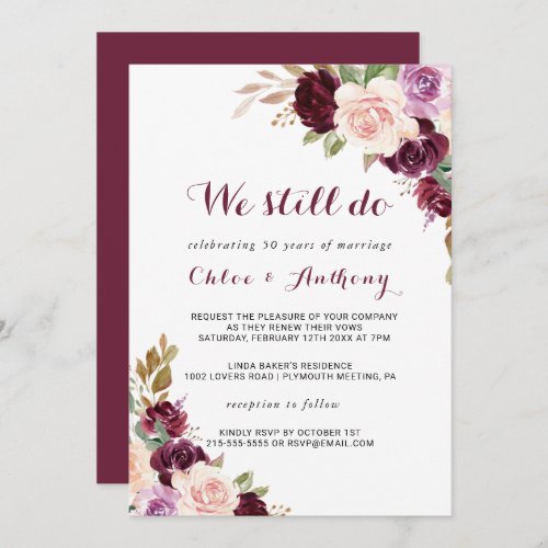 Green Blush Burgundy Floral Vow Renewal Invitation