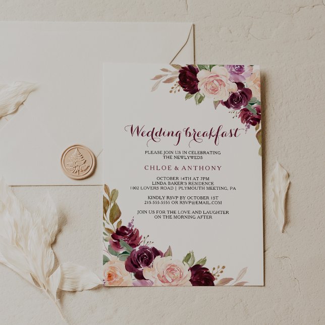 Green Blush Burgundy Floral Wedding Breakfast Invitation (Creator Uploaded)