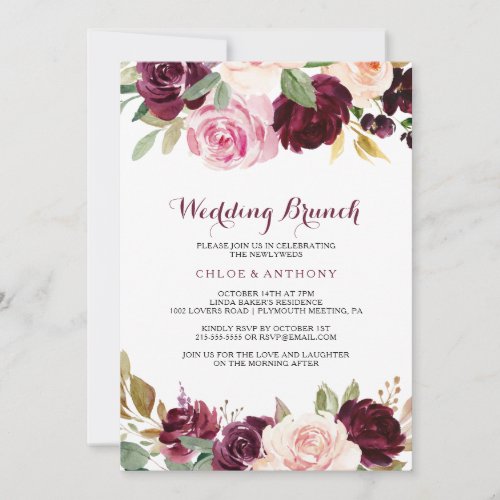 Green Blush Burgundy Floral Wedding Brunch Invitation