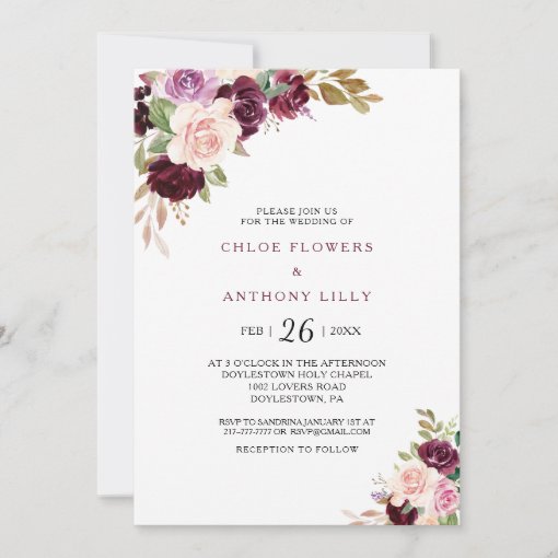 Green Blush Burgundy Floral Wedding Invitation 