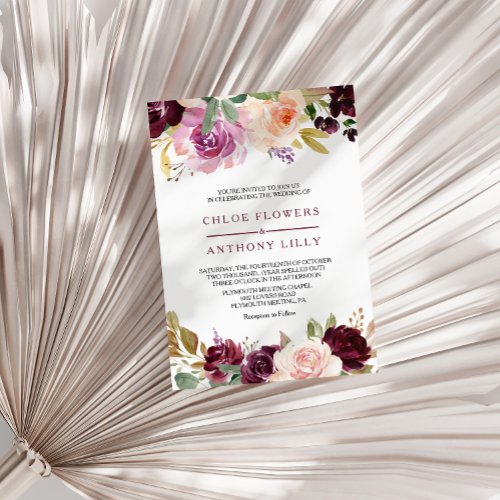 Green Blush Burgundy Floral wedding Invitation