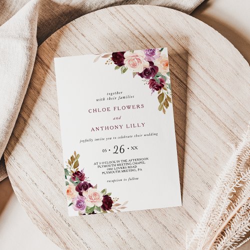 Green Blush Burgundy Floral Wedding Invitation