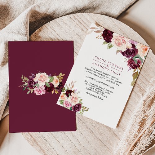 Green Blush Burgundy Floral Wedding Invitation