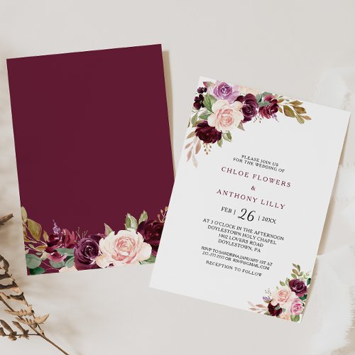 Green Blush Burgundy Floral Wedding Invitation