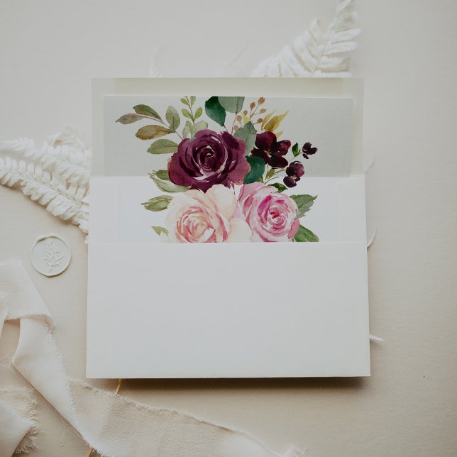 Green Blush Burgundy Floral Wedding Invitation Envelope (Creator Uploaded)