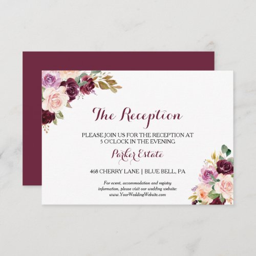 Green Blush Burgundy Floral Wedding Reception Card