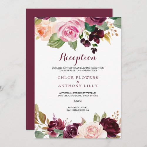 Green Blush Burgundy Floral Wedding Reception Card