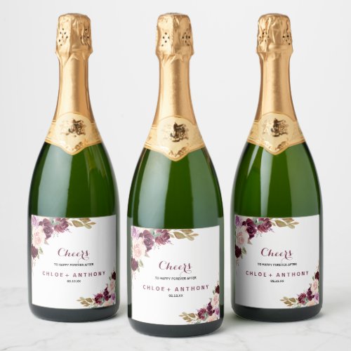 Green Blush Burgundy Floral Wedding Sparkling Wine Label