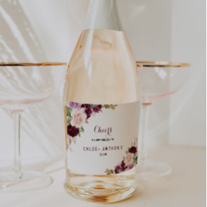 Green Blush Burgundy Floral Wedding Sparkling Wine Label