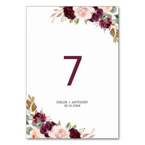 Green Blush Burgundy Floral Wedding Table Number