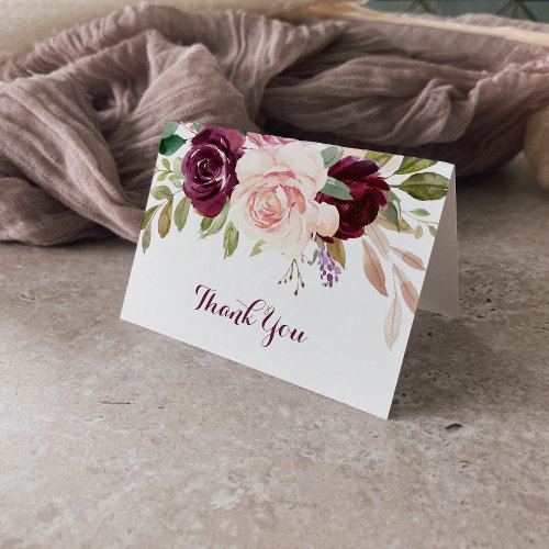 Green Blush Burgundy Floral Wedding Thank You Card