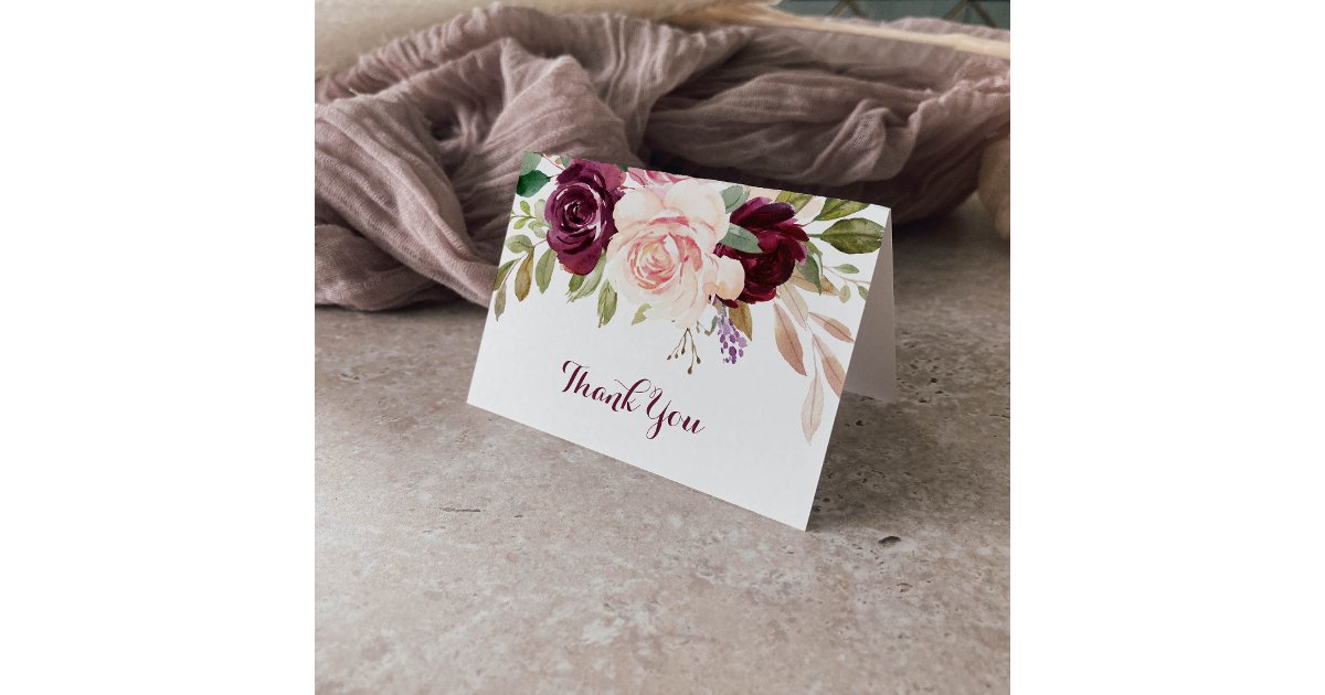 Green Blush Burgundy Floral Wedding Thank You Card | Zazzle
