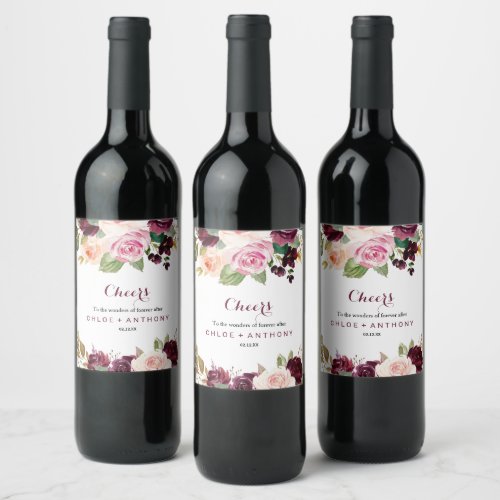 Green Blush Burgundy Floral Wedding Wine Labels