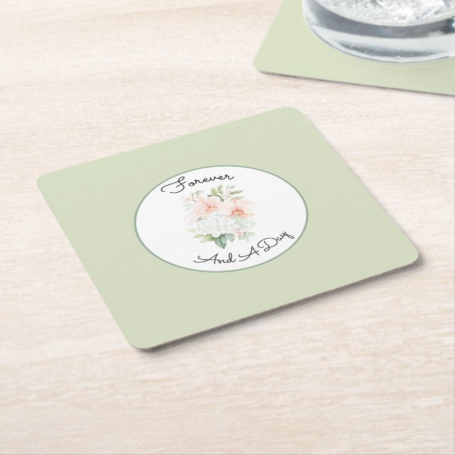 Green Blush Peach Orchid Flowers Wedding Square Paper Coaster (Angled)