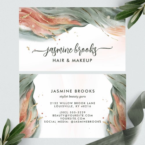 Green Blush Pink And Gold Elegant Brushstroke Business Card