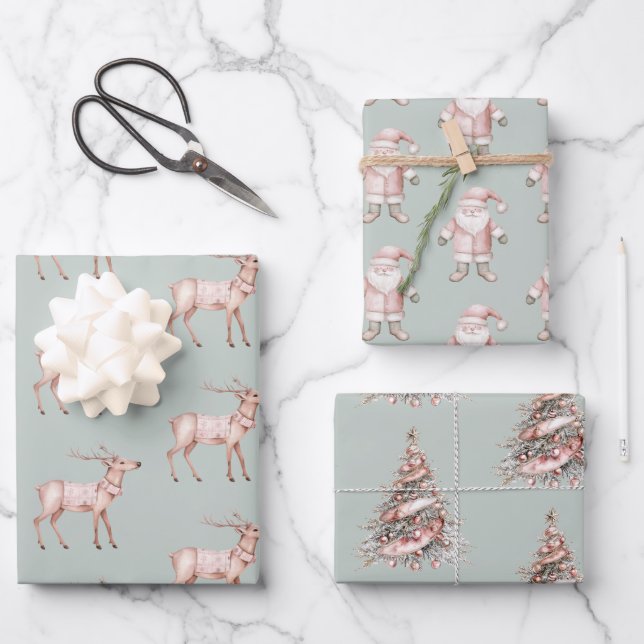 Green Blush Pink Deer Christmas Trees Santa Wrapping Paper Sheets (Front)