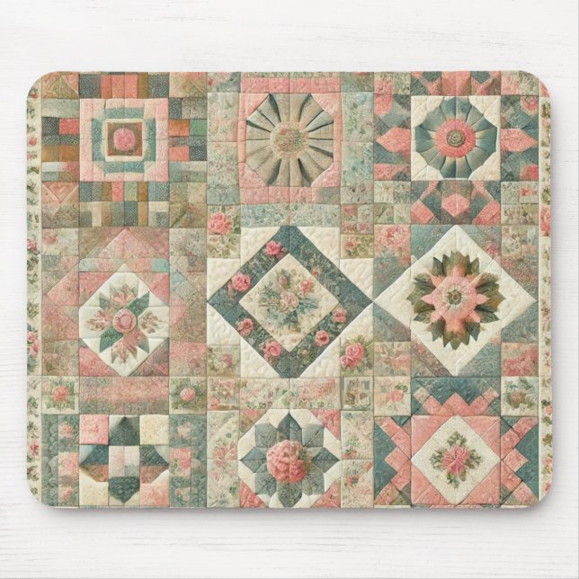 Green Blush Pink Patchwork Floral Quilted Design  Mouse Pad (Front)