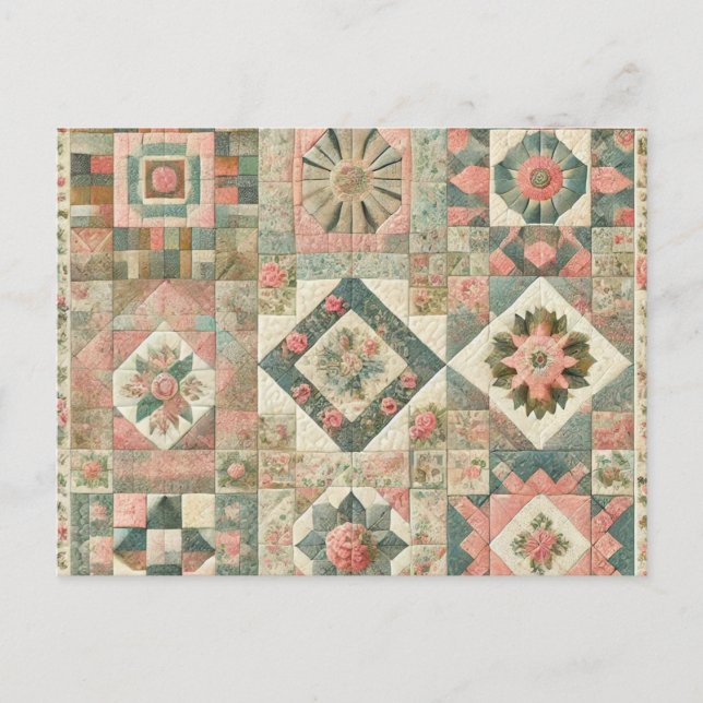 Green Blush Pink Patchwork Floral Quilted Design  Postcard (Front)