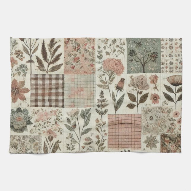 Green Blush Pink Patchwork Quilt Rustic Floral  Kitchen Towel (Horizontal)