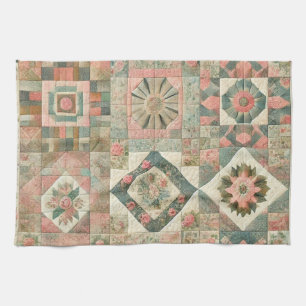 Green Blush Pink Patchwork Quilt Rustic Floral  Kitchen Towel